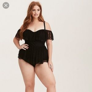 Torrid Mesh polka dot off-shoulder 1pc Swimsuit